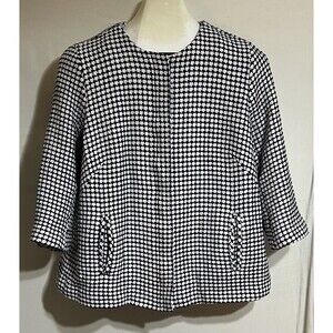 Talbots 16w navy blue White 3/4 SLEEVE Hidden Zipper Blazer Jacket Collarless P